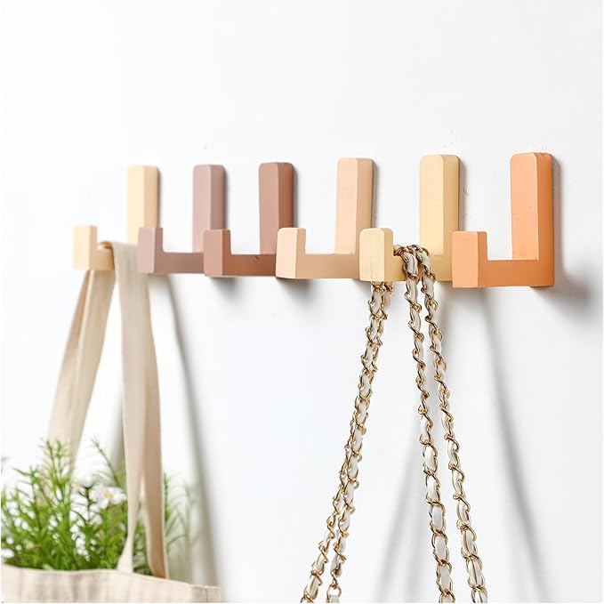6 Pack Cute Kids Coat Wall Hooks Wooden Adhesive Decorative Colorful Wall Mounted Hangers Backpack Hooks for Hanging Keys Towel Clothes Bathroom Organization(Neutral Colors)