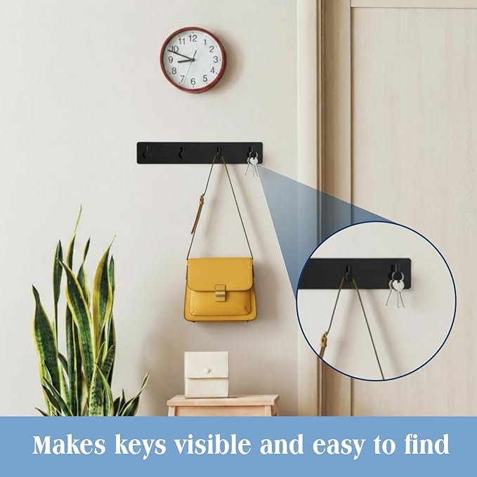 1 Pcs Adhesive Key Holder for Wall Acrylic Key Holder with 4 Hooks for Entryway, Door, Bathroom, Kitchen, Hang Keys, Hats, Dog Leashes, and Accessories(Black)