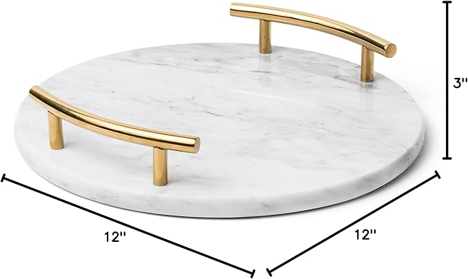 White Marble Tray with Gold Handles - Elegant Solid Marble - Chic Modern Elegant Round Vanity Tray for Bathroom
