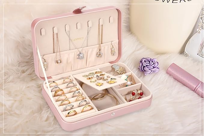 LANDICI Small Jewelry Box for Women Girls, PU Leather Travel Jewelry Case, Portable Jewelry Organizer Storage Holder Display for Ring Earrings Necklace Bracelet Women Kids Gift, Rose Gold (Pack of 2)