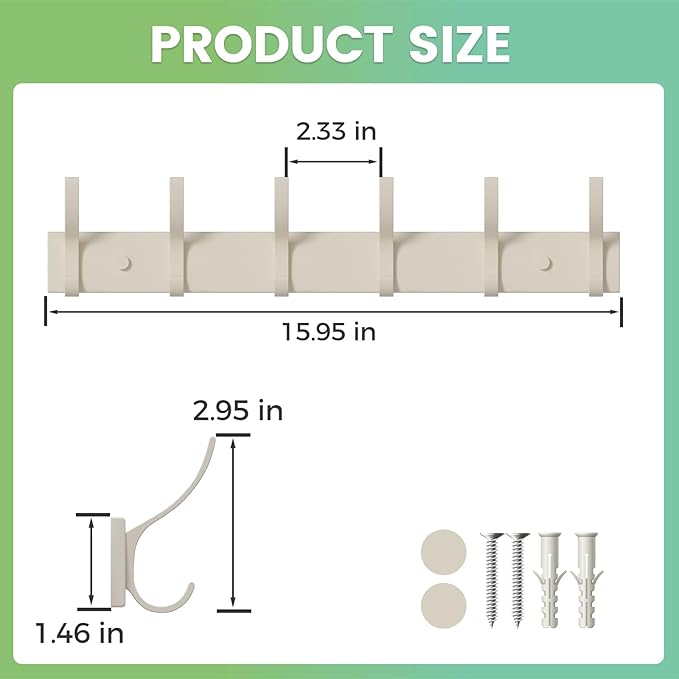 Coat Rack Wall Mount with 6 Hooks (Cream, 1 Pack), Heavy Duty Wall Coat Hooks for Entryway, Bedroom, Closet, Hanging Hats, Bags, Purses