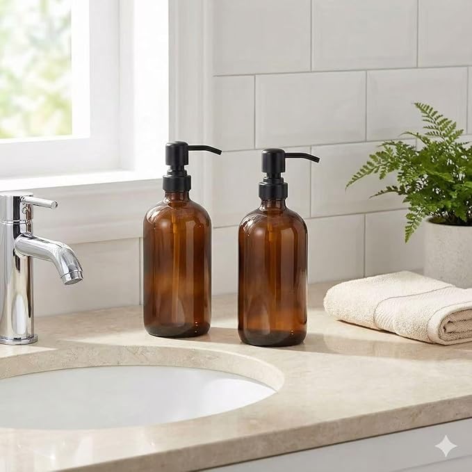 2 Pack Thick Amber Glass Pint Jar Soap Dispenser with Matte Black Stainless Steel Pump, 16ounce Boston Round Bottles Dispenser with Rustproof Pump for Essential Oil, Lotion Soap