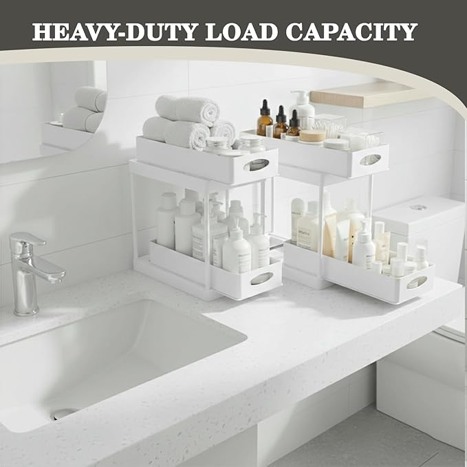 2 Pack Under Sink Organizer, Pull Out Cabinet Storage Organizers for Bathroom & Kitchen, Multi Purpose Under Counter Shelf Rack, Slide out Under the Sink Storage, Cabinet Organizer (White)