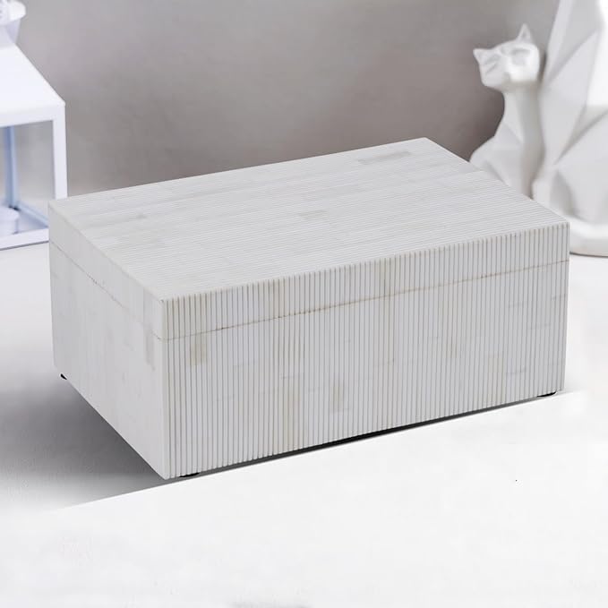 Handicrafts Home Large Decorative Storage Box with Lid – 12X8X5” Coffee Table Organizer, Keepsake- Decorative Boxes for Home Decor, Stylish Decorative Box for Office Decor-White Stripped