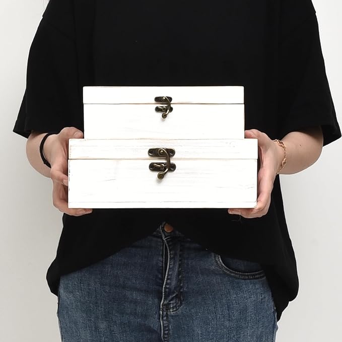 White Wooden Storage Box Set of 2 - Distressed White-Washed Decorative Boxes with Hinged Lids - Hand Carved Solid Pine Organizer for Jewelry, Keepsakes, and Shabby Chic Home Décor