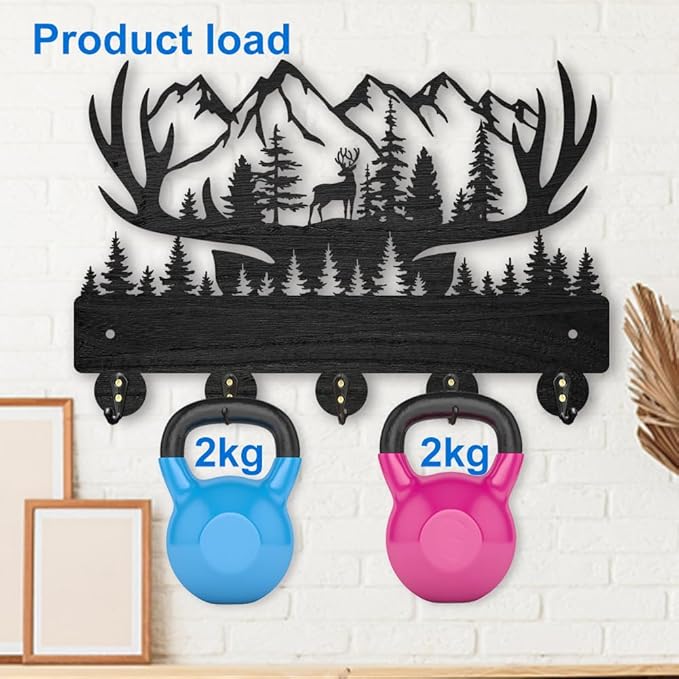 MAYJOYDIY Deer Antlers Key Holder for Wall, 11.8×7.9inch Christmas Decor, Forest Mountain Key Rack Hanger, 5 Alloy Hooks, Animal Theme for Living Room Hallway Office Gift
