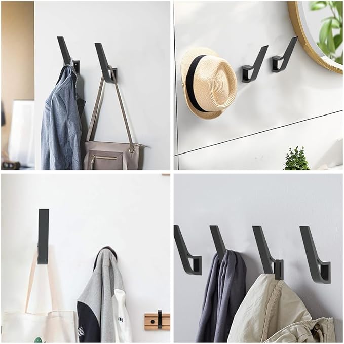Coat Hooks Wall Mounted(Invisiable Screws), 6 PCs Wall Hooks for Hanging Coats, Scarves, Bags, Keys, Hats, Purses, Towel Hooks for Kitchen, Bathroom, Door, Cabinet, Hallways, Bedrooms (Black, 6 Packs)