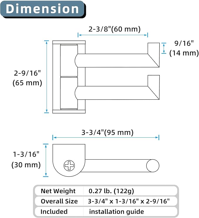 Angle Simple Swivel Towel Hook, SUS 304 Stainless Steel Hand Towel Hook for Bathroom, Foldable Robe Coat Hanger, Brushed Nickel