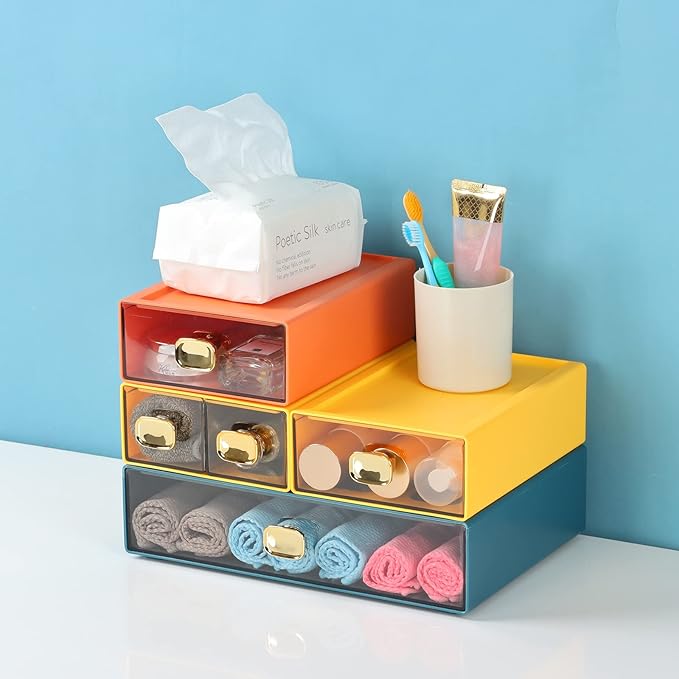 Spacious Desktop Storage Box, 1 Large 1 Middle & 2 Small Storage Drawers, Stackable Office Desk Drawer Organizer and Accessories, Printer Paper Organizer, Blue Plastic Drawers for Workspace