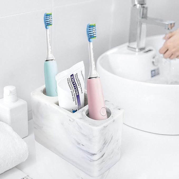Luxspire Electric Toothbrush Holder, 3 Slots Large Marble Toothbrush Toothpaste Stand, Resin Storage for Bathroom Accessories Vanity Counter Sink Organizer Caddy Marble Style- Ink White