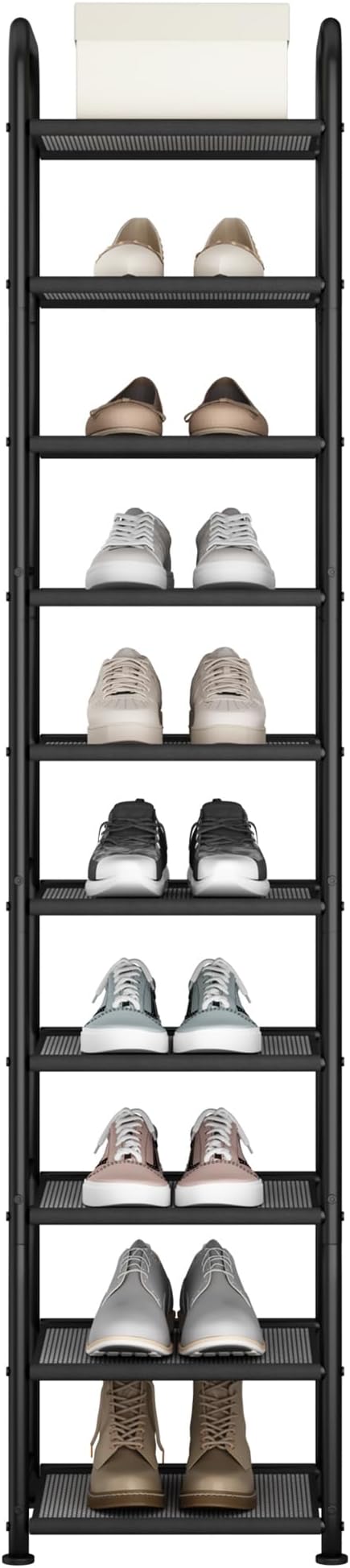 STO STO 10-Tier Narrow Shoe Rack with Sturdy Mesh Shelves, Slim Tall Metal Shoe Organizer for Entryway, Closet, Hallway, Holds 10 Pairs, Vertical Free Standing Shoe Storage Shelf, Black
