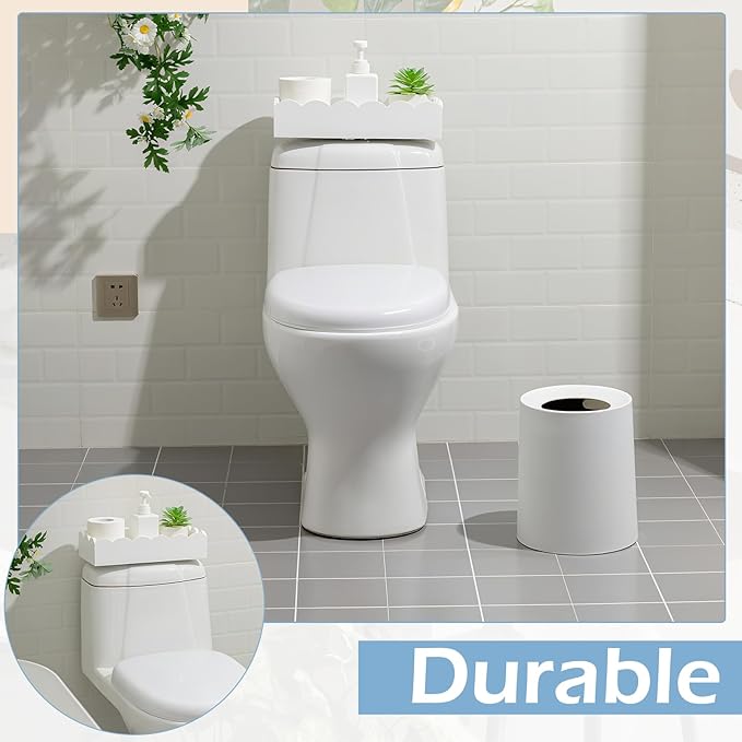 Toilet Paper Basket Storage Scalloped Wooden Toilet Tank Tray Topper Farmhouse White Bathroom Storage Organizer for Bedroom Vanity Kitchen Countertop Dresser Shelf Table Home Decor