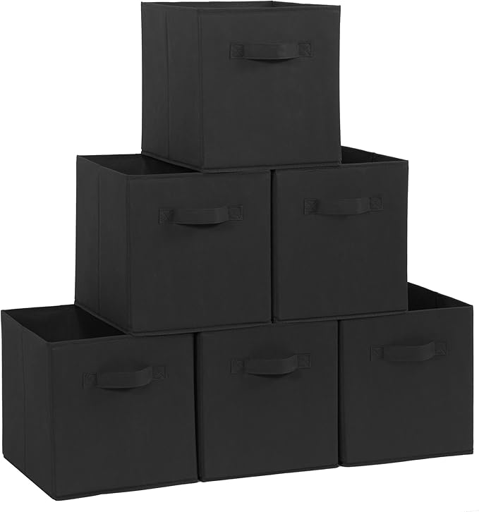 Storage Cubes, 11 Inch Cube Storage Bins, Set of 6, Fabric Foldable Storage Bins With Handles, Closet Storage Organizer Bins, Cubby Clothing Storage Baskets for Shelves, Black