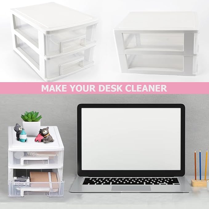 Plastic Desk Organizer,Desk Storage Box with 2 Drawers,Cosmetics Jewelry Storage Box Multifunction Storage Rack for Office School Home(White)