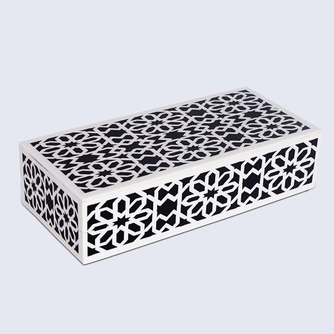 Handicrafts Home Decorative Storage Box with Lid–Black White Persian Mosaic Storage Box, Islamic Rosette Pattern Coffee Table Organizer, Keepsake Box for Living Room & Console Decor– Shiraz 10x4.5x2.5
