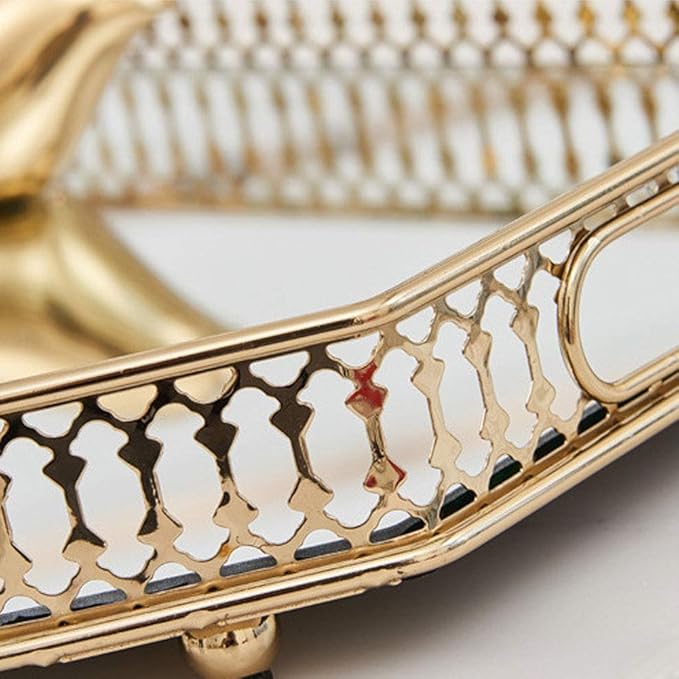 Vintage Gold Mirror Tray,Rectangle(13.8x9.8in) Ornate Geometric Brass Plated and Glass Display Storage Organizer,Jewelry Perfume Makeup Organizer Tray, for Dresser, Bathroom, Bedroom