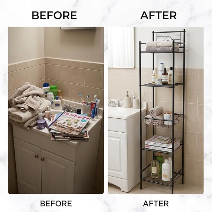 Bath Bliss 5 Tier Freestanding Bathroom Storage Shelf, Black Metal Organizer Rack | Rust Resistant Space Saving Bathroom Stand | Toilet Paper Towel Holder | Bathroom Organizer for Small Spaces