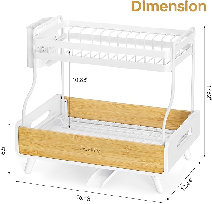 2-Tier Dish Drying Rack, Large Stainless Steel & Bamboo Dish Rack for Kitchen Counter, Dish Drainers with Adjustable Automatic Spout,Drying Rack Kitchen with Utensil Holder, White