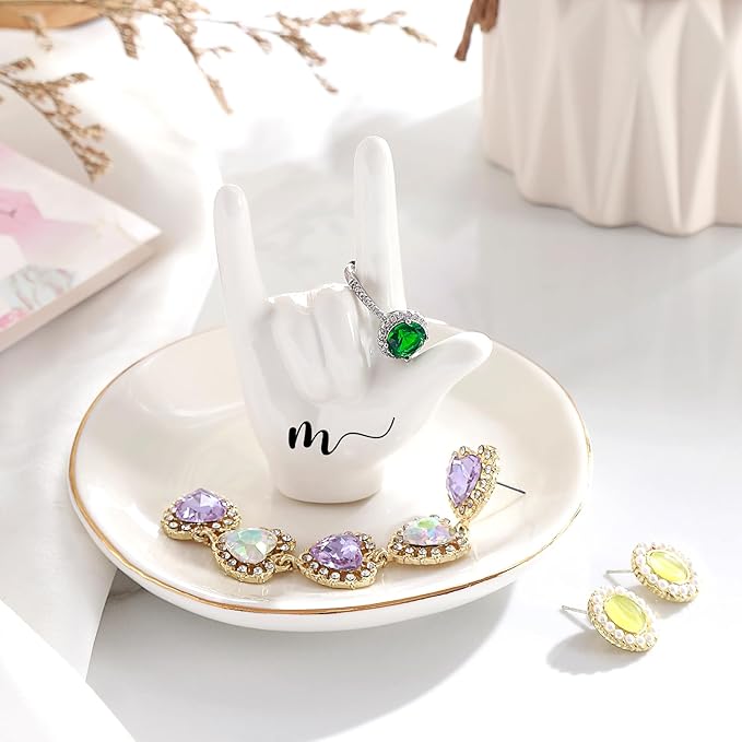 PUDDING CABIN Initial Ring Holder Hand Ring Dish Ring Tray for Jewelry Rings Earrings Bracelet Organizer, Monogrammed Gifts for Women Valentine's Day, Birthday, Wedding, Mothers Day, Bride Gifts