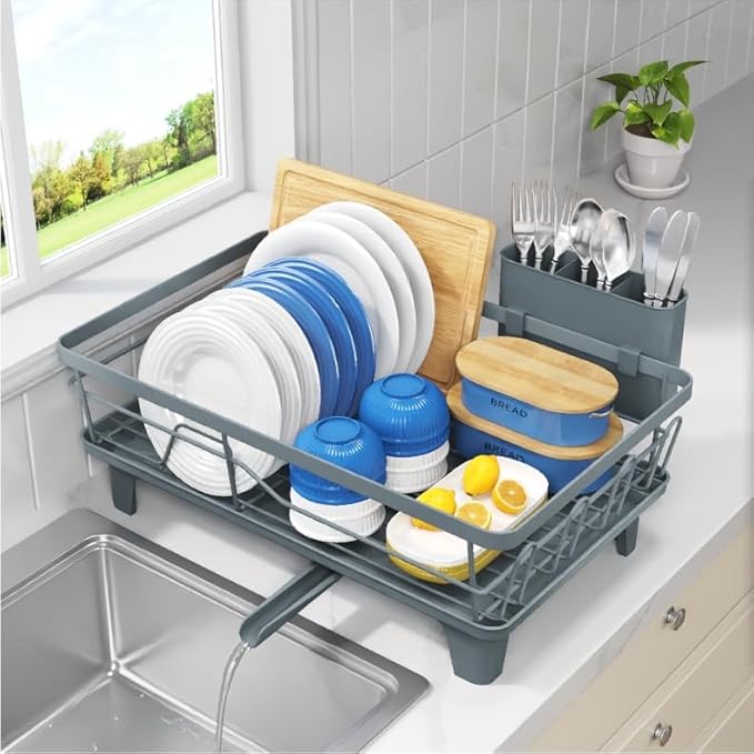 Dish Drying Rack for Kitchen Counter, Sink Dish Rack with Drainboard, Large Dish Drainer with Cups Holder, Home Countertop Plate Dryer Storage Rack with Cutlery Holder, Blue