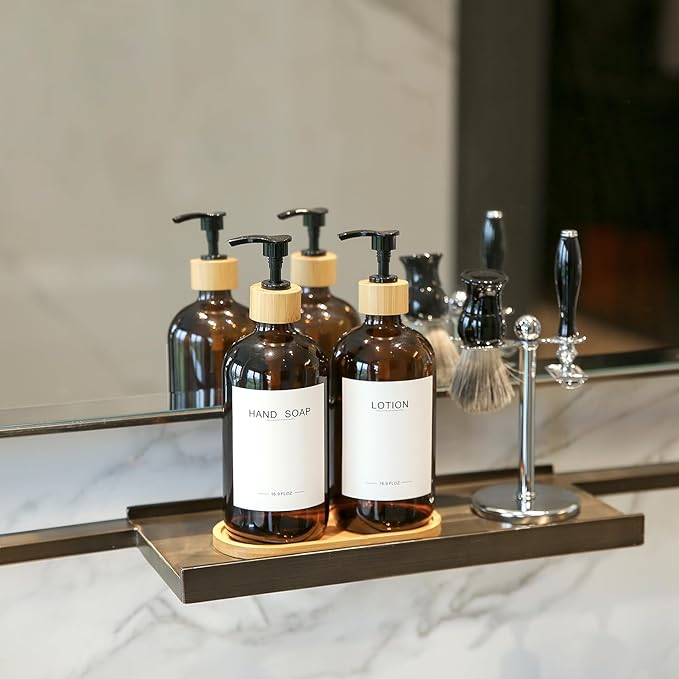 Amber Glass Soap Dispenser with Bamboo Pumps&Tray&Labels, Hand Dispenser, Lotion Dispenser, Dish Soap Dispenser for Kitchen Sink. (Amber)