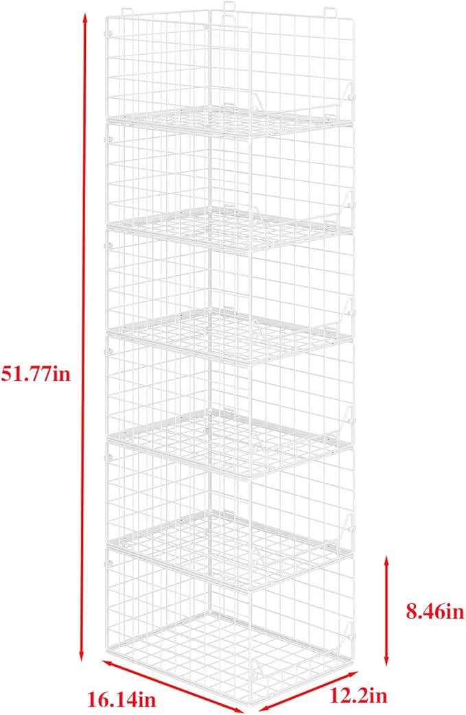 6-Tier Closet Shelf Organizer,Metal Stackable Closet Organizers and Storage,Clothes Storage Bins,Shelf Organizer Basket ,Folded Shelf Organizer for Closet Wardrobe,White