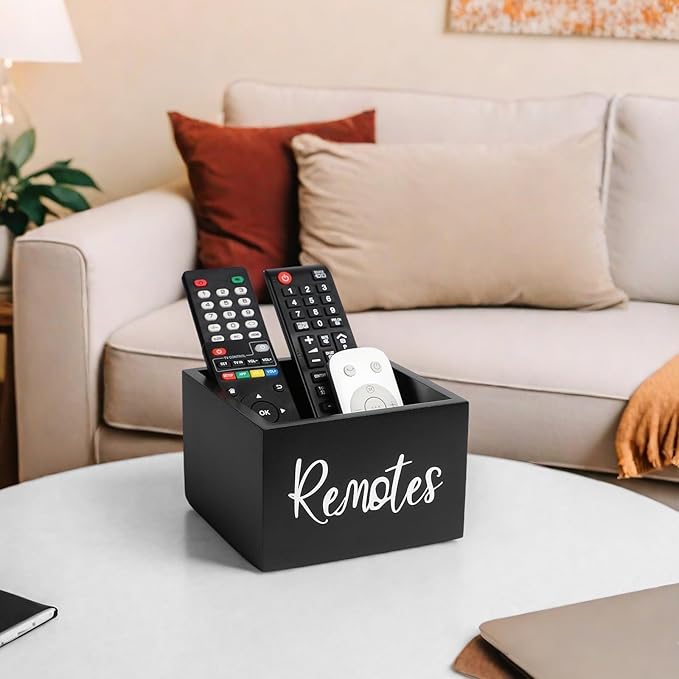 Wood Remote Control Holder, TV Remote Control Organizer for Home Bedroom Table, Multi-Purpose Desktop Storage (Black, M, for 3+ Remote Control)