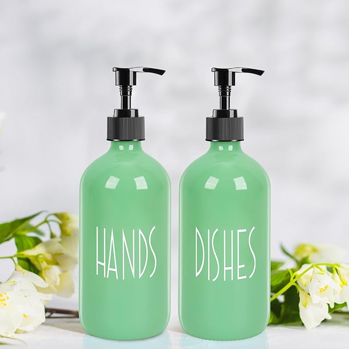 Dish Soap Dispenser for Kitchen - 16 OZ Glass Hand Soap Dispenser Set - Kitchen Bathroom Decor and Accessories (Avocado Green)