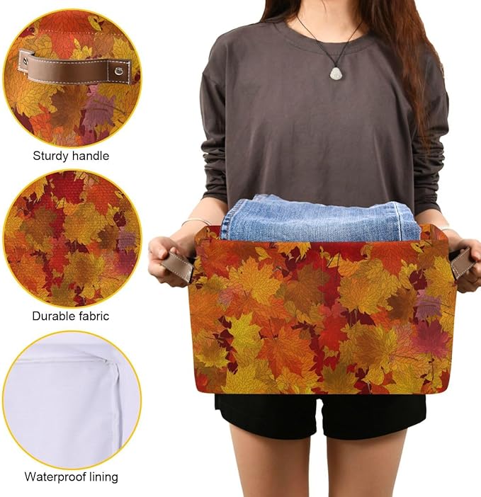 Bolaz Maple Autumn Leaves Storage Basket,Fall Large Storage Bin Fabric Collapsible Organizer Bag with Handles 15x11x9.5 inch
