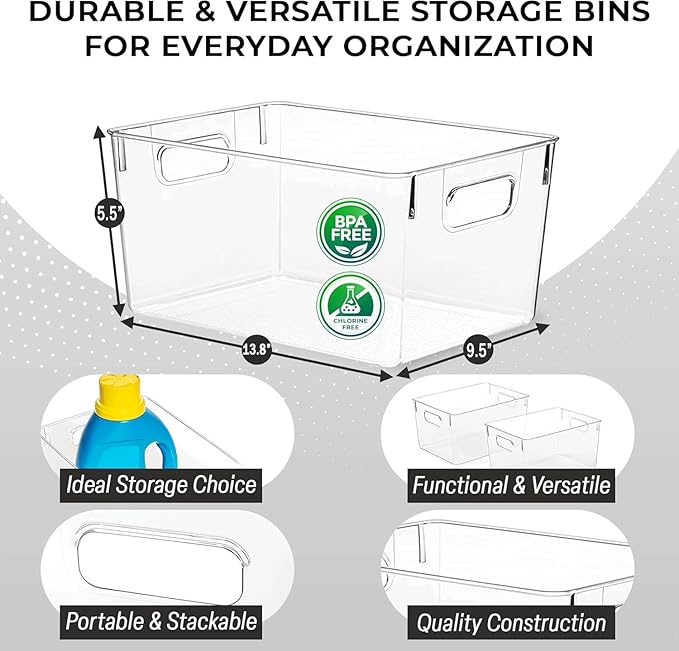 Set Of 2 Plastic Storage bins, 13.6x9.5x5.7''Versatile Kitchen Pantry Organization and Storage,for Plastic Storage Container Under Bed,Under Sink Bathroom Organizer (Clear, 2 Pack Large