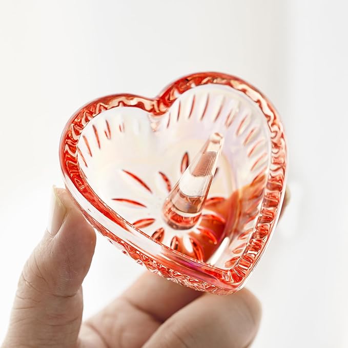 H&D HYALINE & DORA Glass Ring Holder Dish,Crystal Glass Heart Shaped Ring Holder for Women, Crystal Jewelry Tray for Rings,Earrings(AB color-pink)