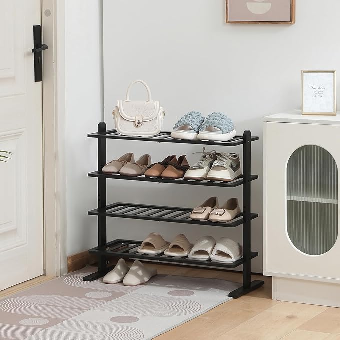 Varhomax Black Shoe Rack, 4-Tier Bamboo Shoe Rack Organizer for Closet and Entryway, Thick Wooden Free Standing Shoe Shelf for Small Spaces, Sturdy & Versatile for Bedroom, Bathroom, Garage