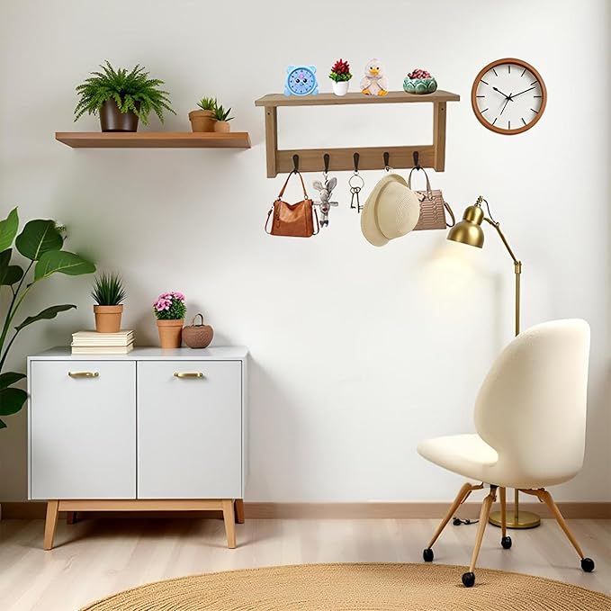Wall Shelf with Hooks, Multi-Purpose Wooden Shelf & Metal Hooks for Home Entryway, Living Room,Office - Heavy Duty Coat Rack Organizer Hanging Coats, Bags, Key Holder
