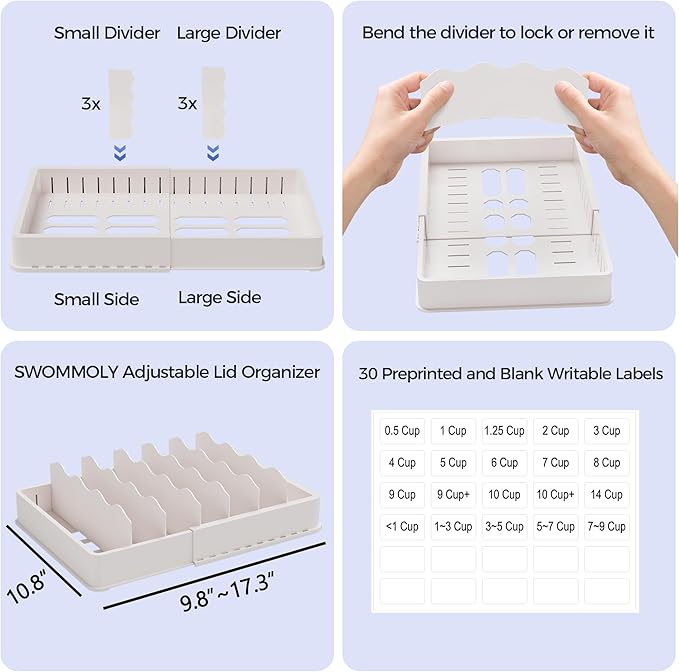 SWOMMOLY Expandable Food Storage Container Lid Organizer, Includes 6 Adjustable Dividers, 30 Preprinted and Blank Writable Labels, White
