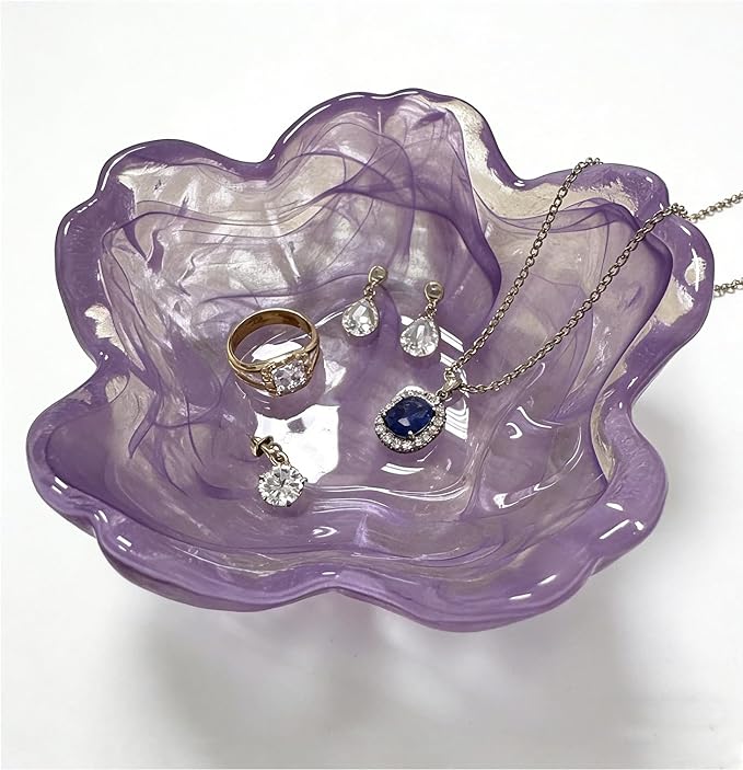 Flower Ring Dish Jewelry Tray, Glass Jewelry Dish Tray, Aesthetic Room Decor Small Trinket Dish, Nightstand Ring Holder Dish, Bathroom Jewelry Plate Bowl for Earrings (Watercolor Violet Purple)