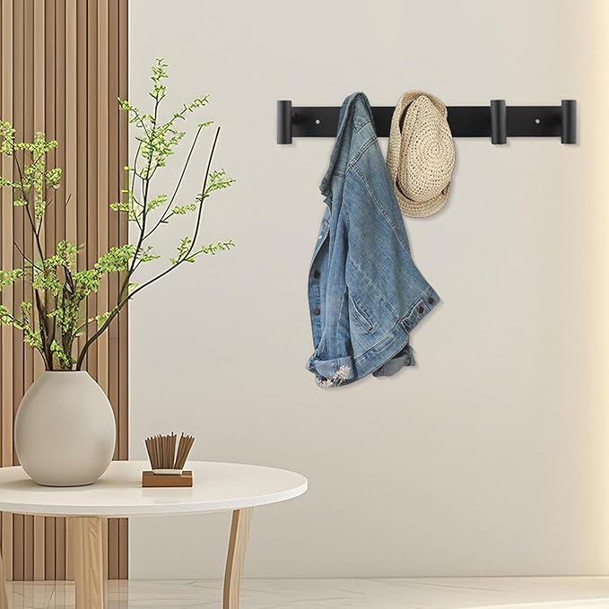 Black Wall Mounted Coat Rack – 5 T-Shaped Towel Rack for Hats, Bags & Towels, Stainless Steel Heavy-Duty Coat Hanger Towel Hooks for Entryway, Bathroom, Closet, Bedroom
