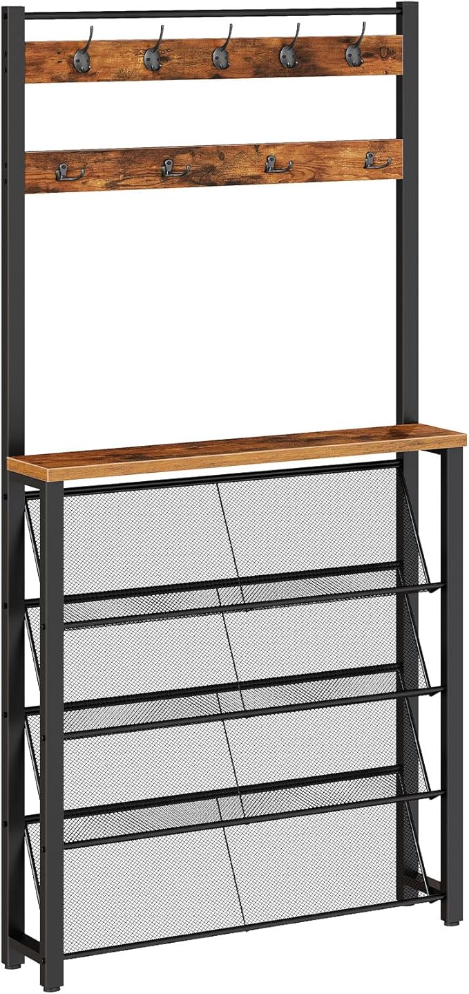 HOOBRO Hall Tree with Bench, Narrow Shoe Rack with Coat Rack, Coat Rack with Shoe Storage, 5 Tier Slanted Shoe Storage Organizer, Coat and Shoe Rack Entryway, Slim Hall Tree, Rustic Brown BF20MT01