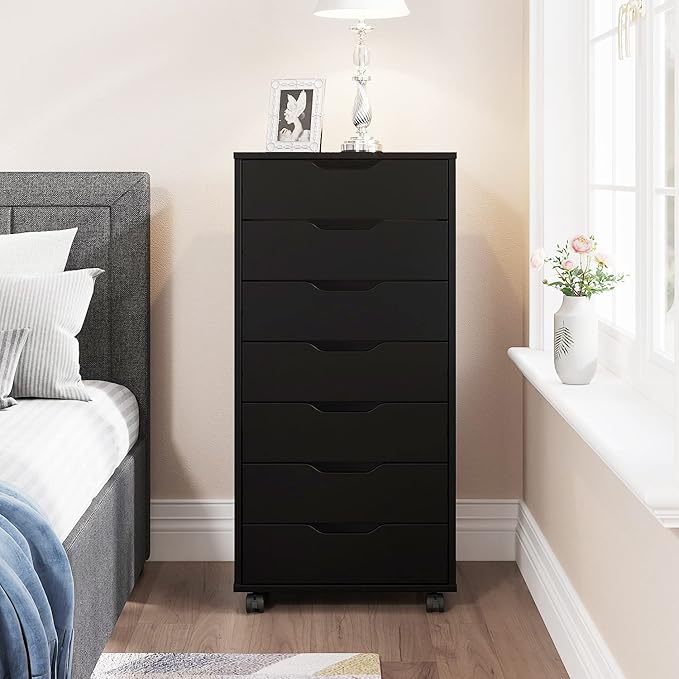 Panana 5/7 Drawer Chest, Wooden Tall Dresser Storage Dresser Cabinet with Wheels, Office Organization and Storage, Bedroom Furniture (Black, 7 Drawer)