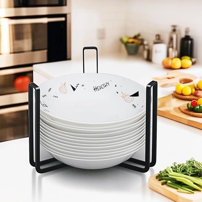 Dinnerware Bowl Plate Holder Fit for 6.5 Inches Diameters Bowl, Metal Bowl Storage Dying Display Rack for Kitchen Drawer, Countertop, Cabinet, Shelf, Cupboard (Black, Large 2PCS)