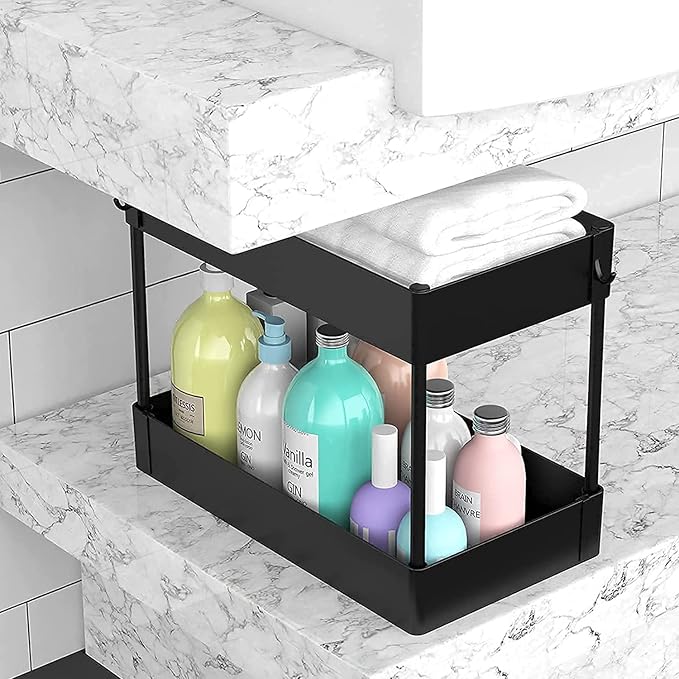 Under Sink Organizer, Under Bathroom Sink Storage 2 Tier Organizer Bath Collection Baskets with Hooks, Under Sink Shelf Organizer Rack, Multi-purpose Under Sink Storage for Bathroom Kitch(Color:Black)
