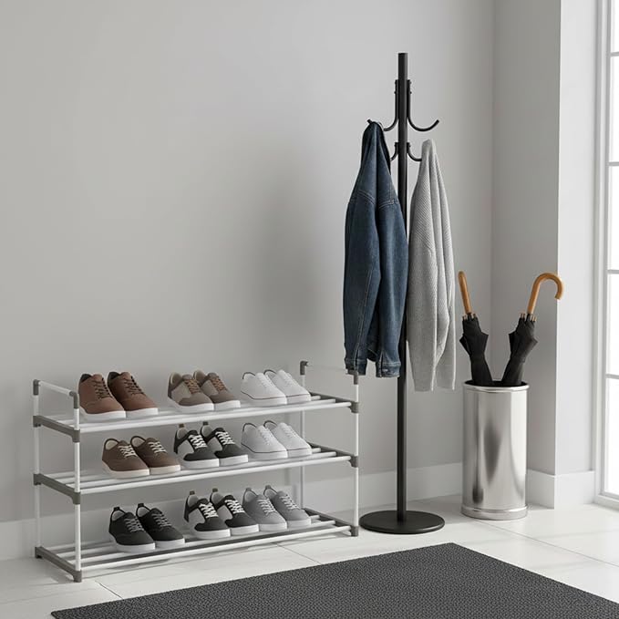 Shoe Rack - 3-Tier Shoe Organizer for Closet, Bathroom, Entryway - Shelf Holds 15 Pairs Sneakers, Heels, Boots by Home-Complete (White)
