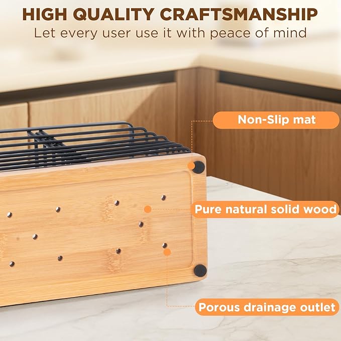 4 Compartments Extra Large Kitchen Utensil Holder with Wooden Base, Metal Organizer for Kitchen Countertop, Matte Black Cooking Utensils Holder with 4 Hooks for Tools Storage