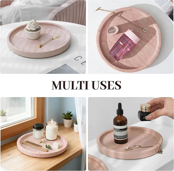 Natural Marble Tray, Round Pink Tray for Bedroom/Bathroom/Kitchen/Vanity Countertop, Jewelry Tray for Rings Earrings Necklace Bracelet Watch, Room Decor Aesthetic
