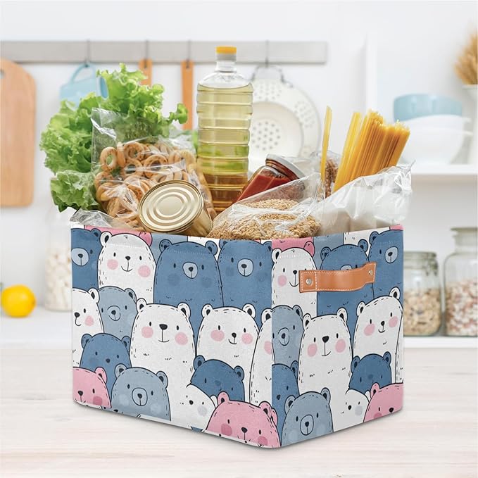 Cute Storage Bins for Organization, Canvas Book Storage Bins Handles, Bedroom Shelves Decorative Baskets for Organizing, Fabric Cube Bin Classroom Dorm Closet Organizer Box (Cute Bear)