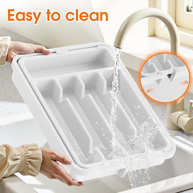 Silverware Organizer,Adjustable & Expandable Utensil Drawer Organizer, BPA Free Utensil Holder, Cutlery Tray for Forks, Spoons, Knives in Kitchen, Medium, White