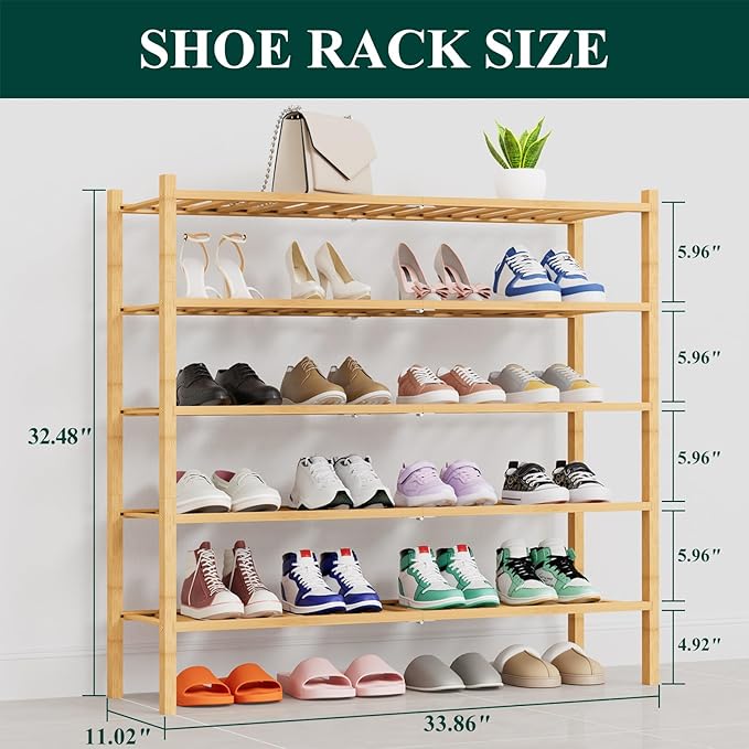 Smiry Shoe Rack, 5 Tier Thick Long Bamboo Shoe Organizer, Stackable Free Standing Wooden Shoe Storage Shelf for Closet, Entryway, Front Door Entrance, Natural