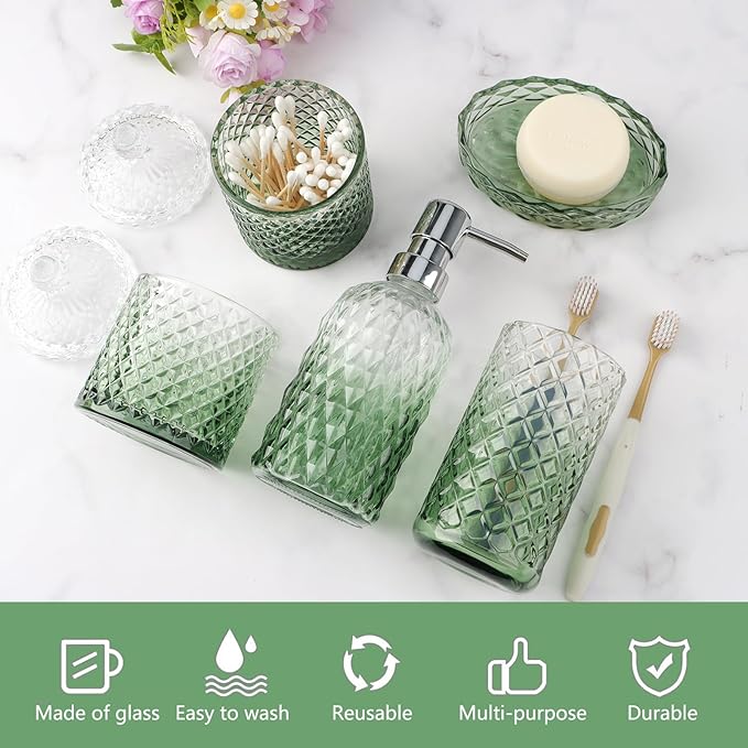 5Pcs Glass Bathroom Accessories Set,Green Vintage Bathroom Accessory Set, Bathroom Counter Sink Toothbrush Holder Set Includes Hand/Lotion Soap Dispenser & Tumbler & Soap Dish & Qtip Holders