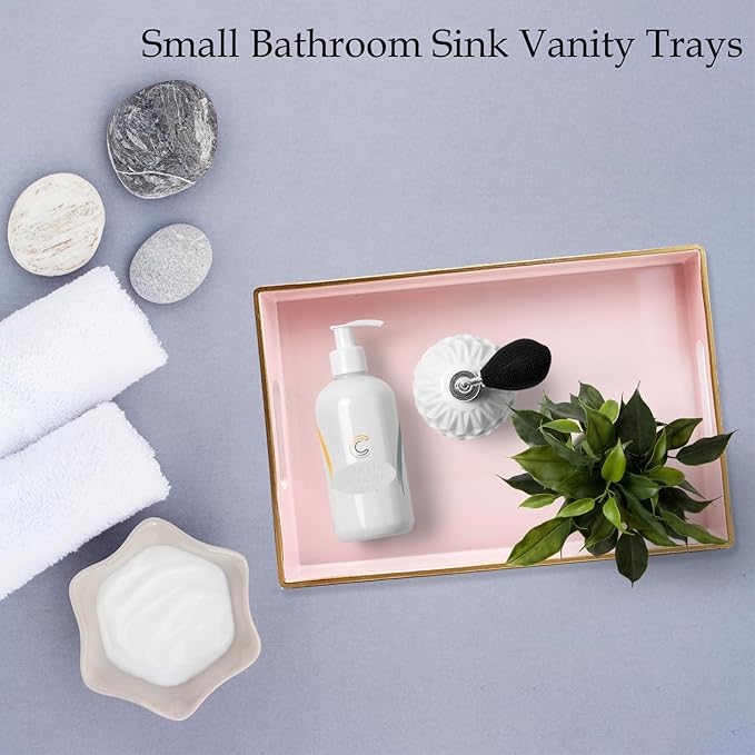 Spsyrine Pink Bathroom Vanity Tray with Handles for Dresser Tops, Countertop, Perfume Decorative Tray, 11.8â * 7.87â *1.37â