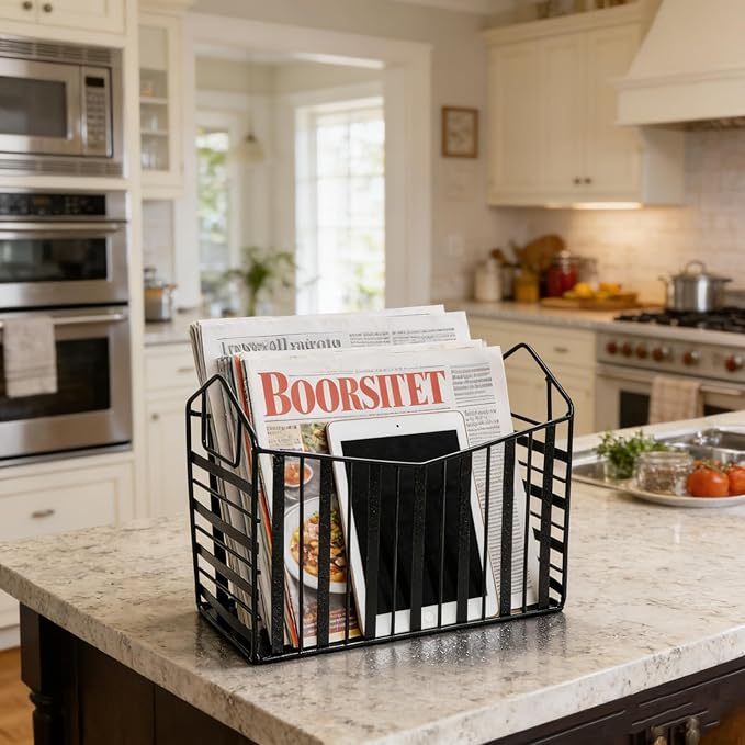 Metal Magazine Holder, Document File Rack with Handle, Newspaper Book Folder Mail Organizer Bin, Iron Wire Tablet Storage Basket Stand for Home Office Bathroom Bedroom Den Living Room, Black