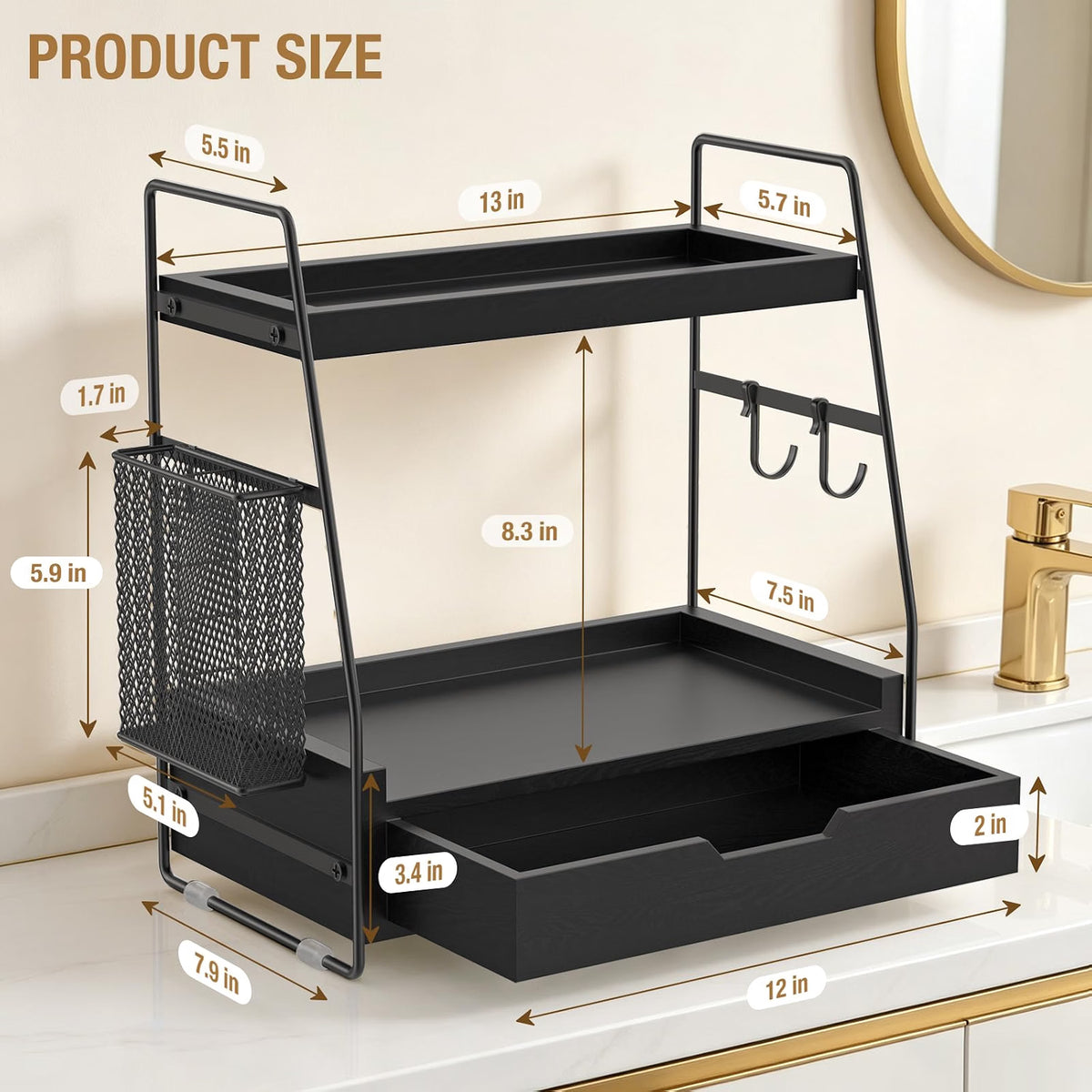 2-Tier Bathroom Counter Organizer with Drawer, Wood Counter Storage Shelf